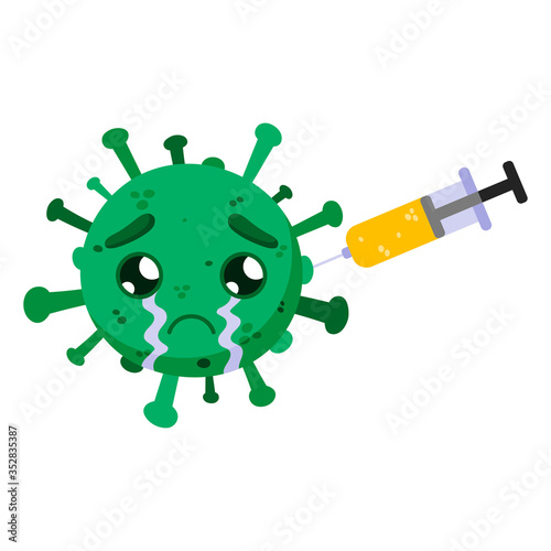 Green coronavirus with a vaccine. Сovid-19. Funny cartoon character with emotion. Sadness, tears, chagrin. Vector illustration isolated on a white background.