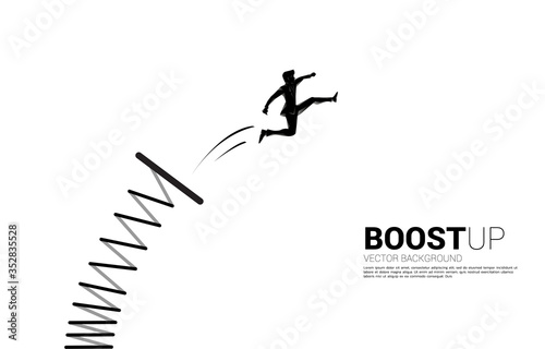 Silhouette of businessman jump higher with springboard. Concept of boost and growth in business.