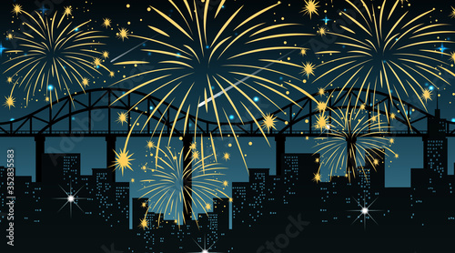 Cityscape with celebration fireworks scene