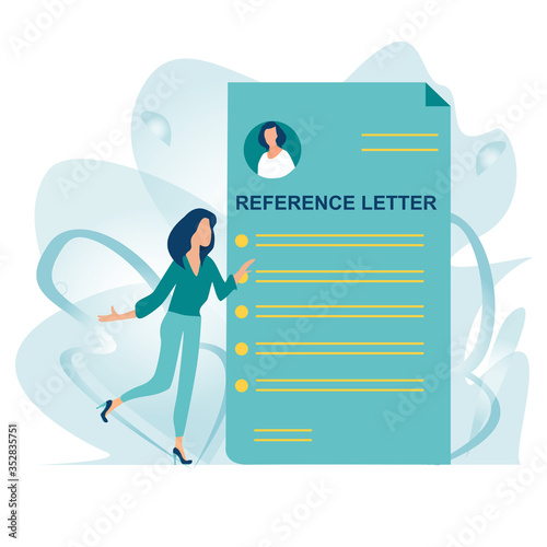 Reference letter. Recommendation letter. Employment reference. Job application. Job search concept. Unemployment Woman stand near big letter. Job hiring and online recruitment concept. Flat vector.