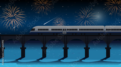 Train cross the river with celebration fireworks scene