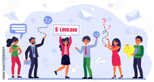 Happy woman winning money prize. Winner and losers, competitors, rivals flat vector illustration. Competition, business, win and loss concept for banner, website design or landing web page