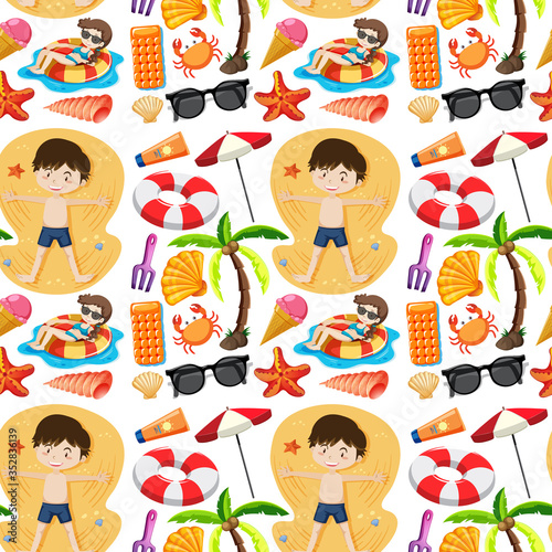 Seamless summer beach icon and kids cartoon character on white background
