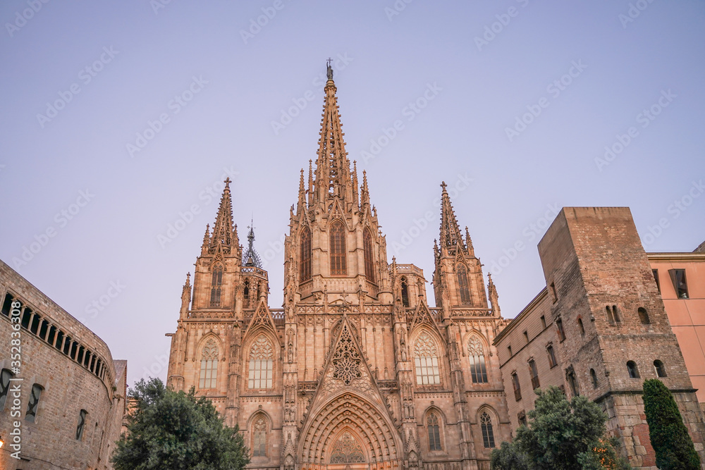 Panorama in Cathedral of Barcelona during Coronavirus pandemic. Catalonia,Spain