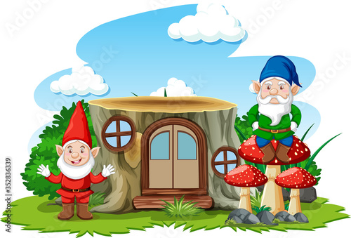 Foto Gnomes standing beside stump house cartoon character on white background