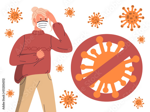 Young blonde woman wearing face medical mask aggressively looking at huge crossed out sign with virus. Stop world epidemy concept. Cartoon character in flat style at white background, flying virus