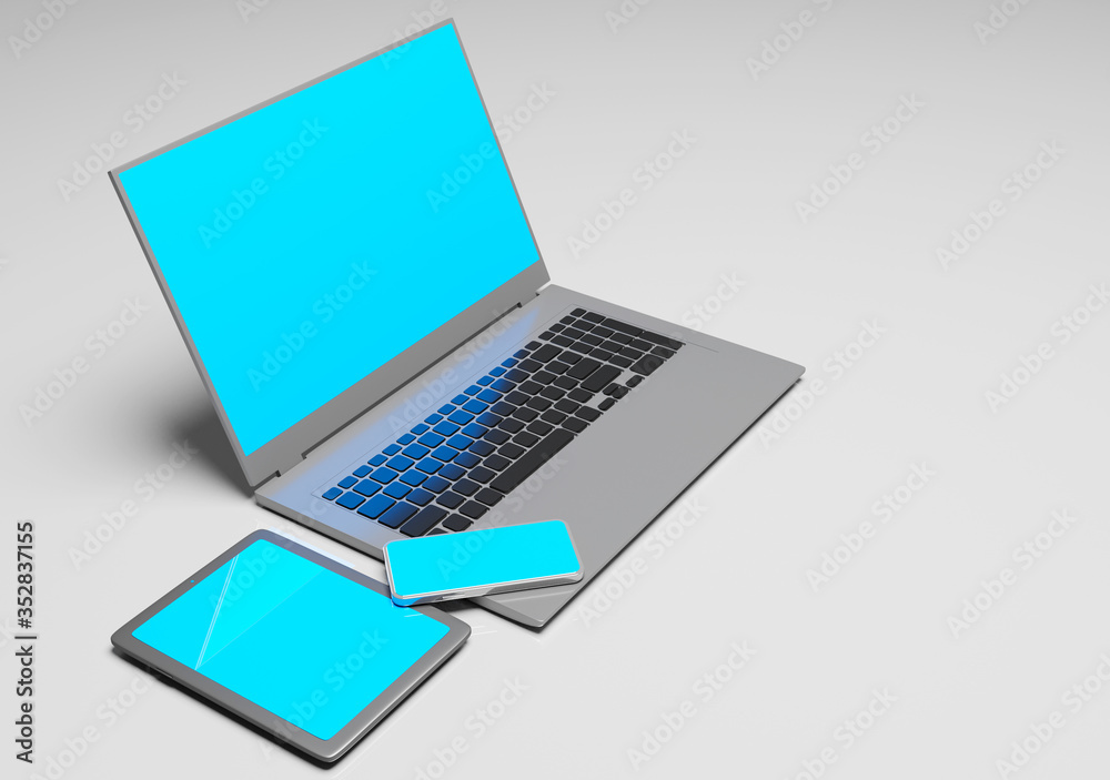 Laptop with tablet and smart phone scene 3d render technology wallpaper background Laptop with tablet and smart phone scene 3d render technology wallpaper background