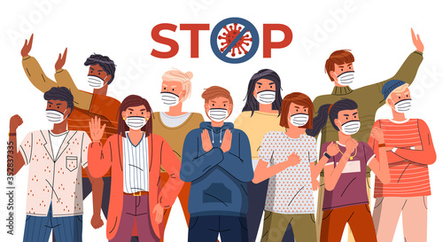 Crowd of multinational people in face medical masks protesting against world epidemic. Group of characters gesturing stop signs to spreading virus. Concept of covid19. Stop gesture, crossed out sign