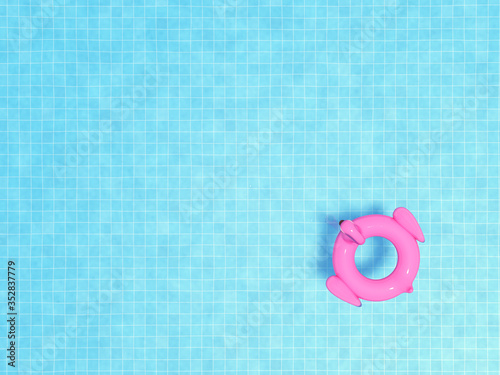 Top view of pink flamingo floats in swimming pool and blue water with copy space for summer background concept, 3d rendering.
