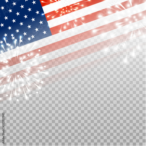 American flag with shiny fireworks on transparent background - vector element for Independence day design