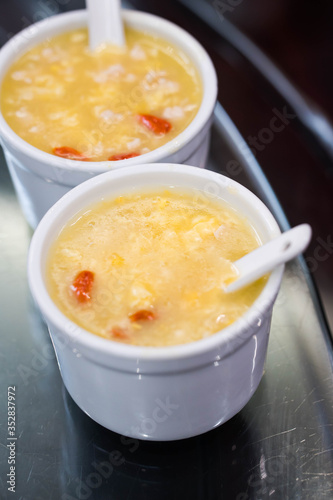 delicious Asian hot cream of corn soup with egg