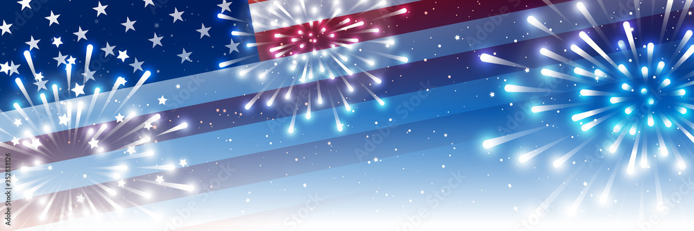 Independence day horizontal panoramic banner with American flag and fireworks on night starry sky background - obrazy, fototapety, plakaty 