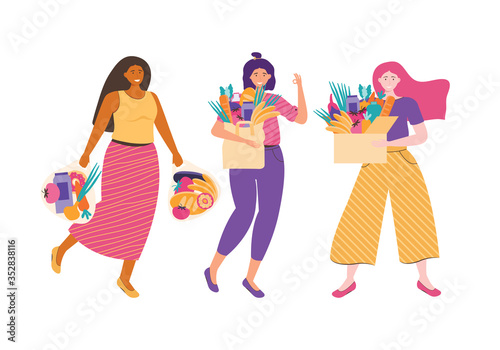 Group of women smiles and holds a cardboard box, paper packages and bag full of vegetables and fruits while. Ecological food and vegetarian. Female character dieting and healthy eating. Vector flat.