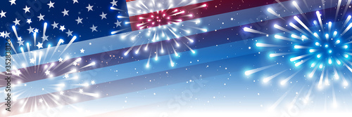 Independence day horizontal panoramic banner with American flag and fireworks on night starry sky background