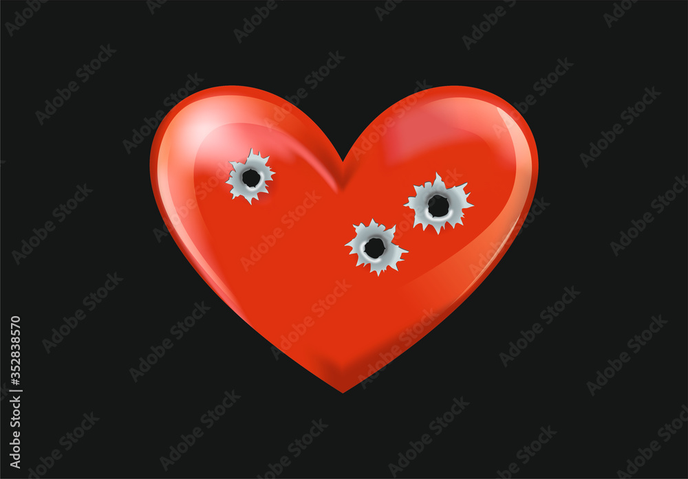 Heart with bullet holes, concept for heartbroken, relationship