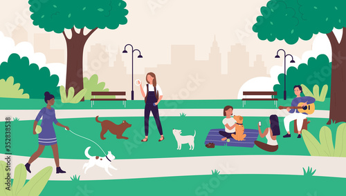 People in summer outdoor city park vector illustration. Cartoon happy flat woman man friends have fun on picnic, active character walking or playing with pet dog, summertime leisure weekend background