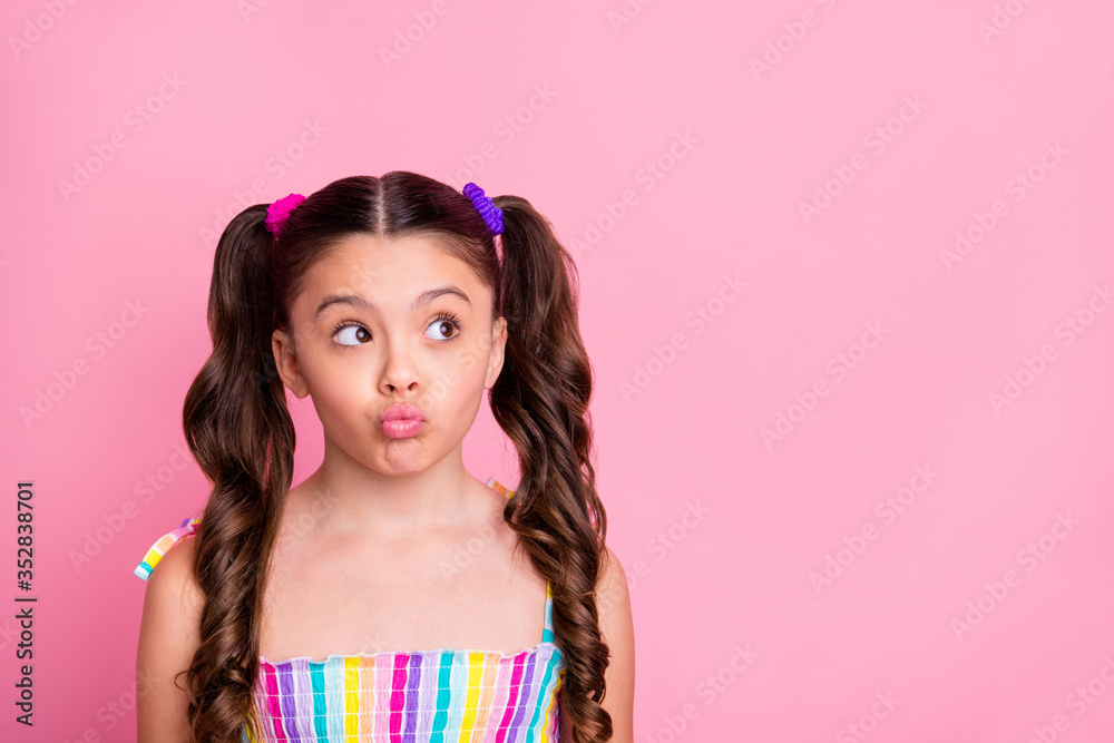 Photo of beautiful pretty funny little lady two cute curly tails look interested side empty space send air kisses shy girl wear colored dress summer singlet isolated pink color background Photo of beautiful pretty funny little lady two cute curly tails look interested side empty space send air kisses shy girl wear colored dress summer singlet isolated pink color background