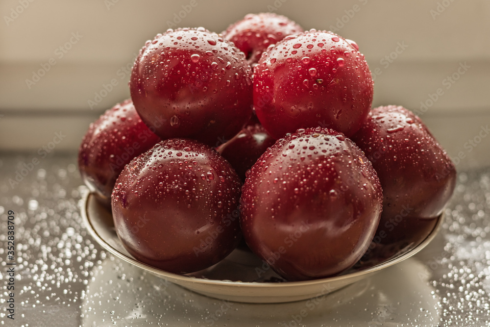 Satsuma red plum on a plate with water droplets. Satsuma red plum on a plate with water droplets.