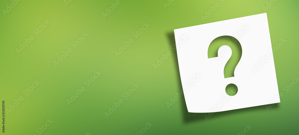 Note paper with question mark on panoramic abstract green background	 - obrazy, fototapety, plakaty 