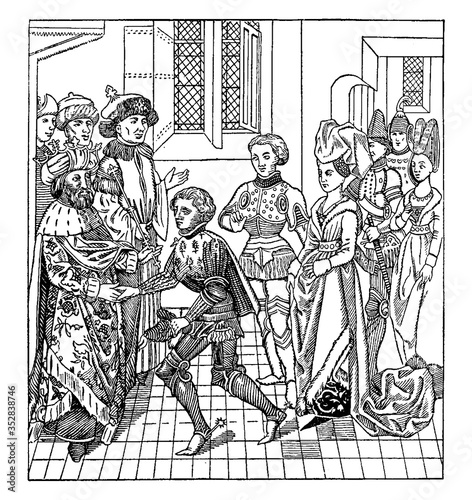 Reception of Crusaders by the King of Hungary, vintage illustration.