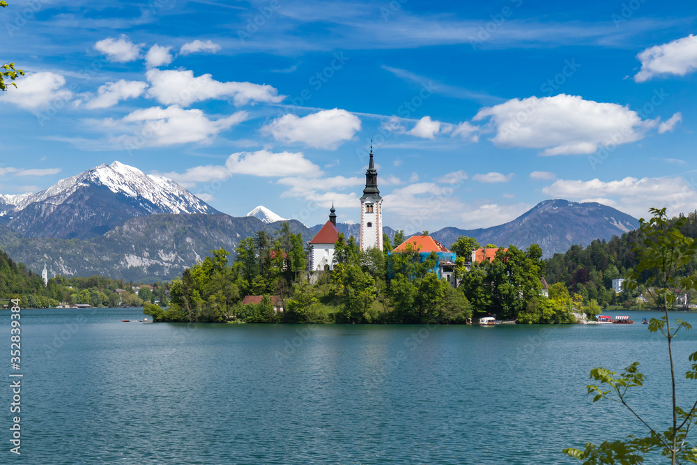 Island with church on lake in Bled city, Slovenia, Triglav National Park