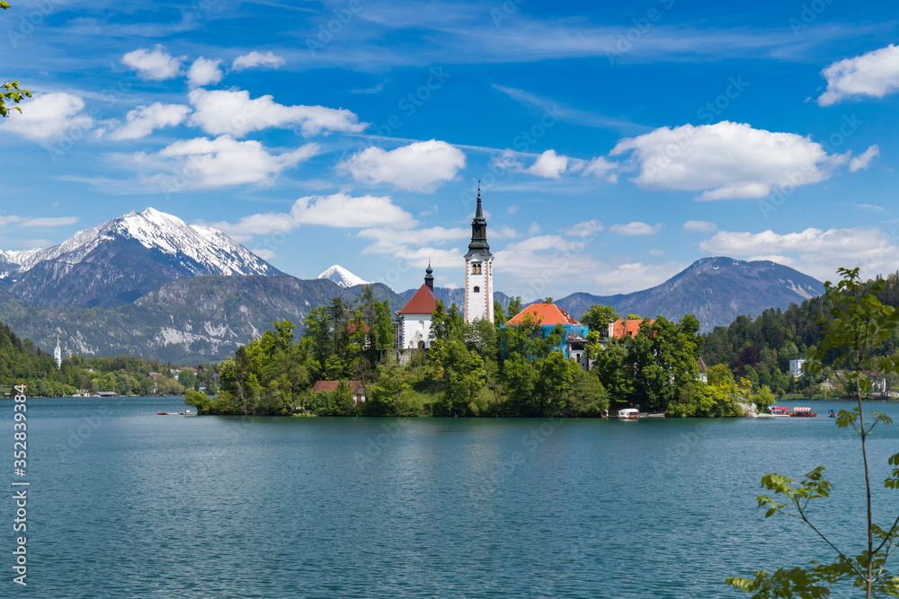 Island with church on lake in Bled city, Slovenia, Triglav National Park Island with church on lake in Bled city, Slovenia, Triglav National Park