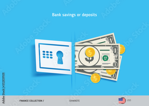 Bank loans. 1 US Dollar banknotes and gold coins . Flat style vector illustration.
