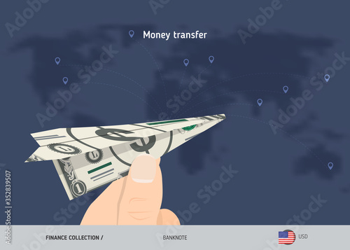 Money transfer around the world. 1 US Dollar paper plane. Flat style vector illustration.