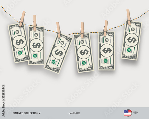 Wet 1 US Dollar banknotes hanging on rope attached with clothes pins. Money laundering concept. Dirty money. Flat style vector illustration.