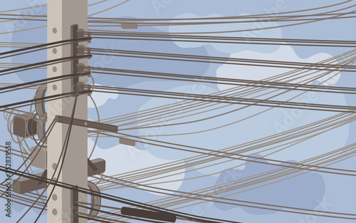 Electricity Post with Tangled Electric Wire on Sky Blackground