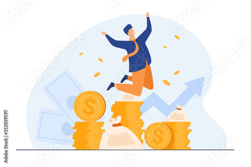 Happy rich banker celebrating income growth. Broker enjoying success in stock market trading. Flat vector illustration for money, finance, millionaire concept