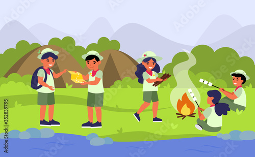 Scouts in camping flat vector illustration. Cartoon children or kids at fire in forest, mountain or jungle near river. Adventure and summer concept