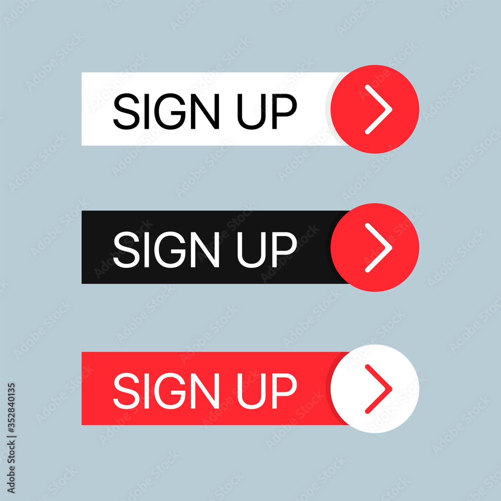 Arrow with white,red and black Sign up square shape buttons on grey background. Vector illustration Arrow with white,red and black Sign up square shape buttons on grey background. Vector illustration