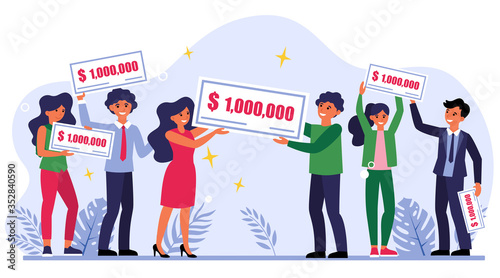 Lottery winners holding check for one million dollars. Money prize, wealth, gain flat vector illustration. Fortune, luck, lottery concept for banner, website design or landing web page
