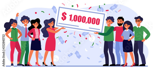 Happy people winning money prize. Bank check for one million dollars, jackpot, grant flat vector illustration. Fortune, luck, lottery concept for banner, website design or landing web page