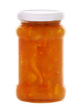 Orange fruit jam in a glass jar isolated on white
