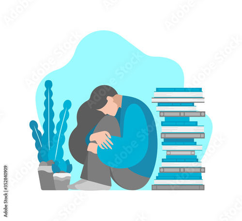 Vector isolated flat illustration with tired young student girl sitting and hugging her knees. She is in depressed mood, try to keep mental health during study a lot of literature, exam preparation