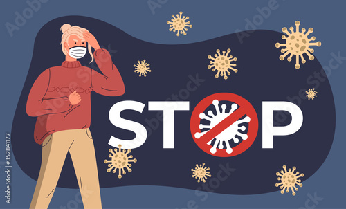 Blonde woman wearing face medical mask near a huge stop crossed out sign with flying virus around. Female feel bad herself, have headache, infected by coronavirus. Cartoon character in flat style