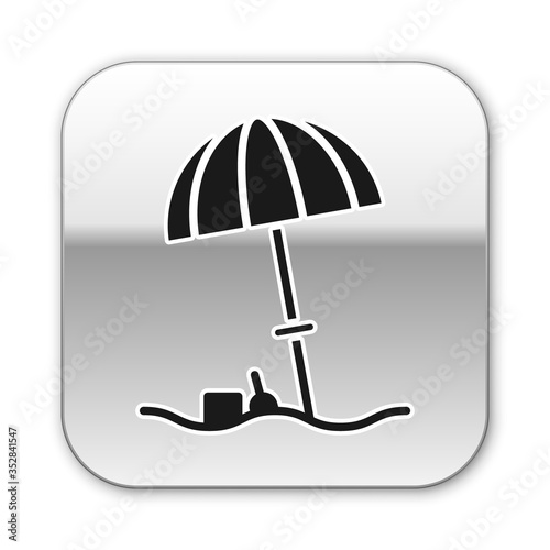 Black Sun protective umbrella for beach icon isolated on white background. Large parasol for outdoor space. Beach umbrella. Silver square button. Vector Illustration