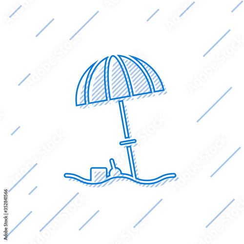 Blue line Sun protective umbrella for beach icon isolated on white background. Large parasol for outdoor space. Beach umbrella. Vector Illustration