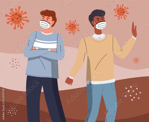 Multinational men in face medical mask standing in center of spreading virus infection, flying virus pathogen around. Guys show stop gesture to world viral pandemic. Cartoon characters in flat style