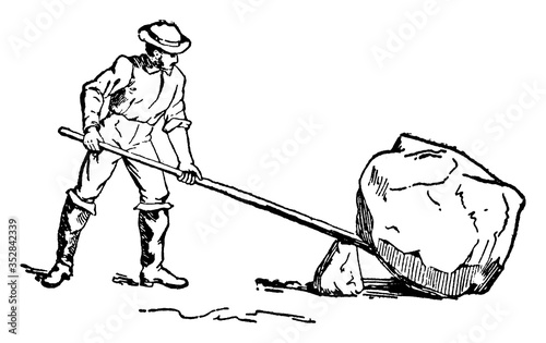Man Using Lever and Fulcrum to Lift Rock, vintage illustration. photo