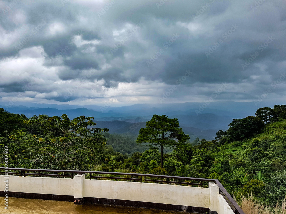 Terrace view plattform point tree rain forest green valey mountain jungle tour pai north chiang mai thailand dark sky