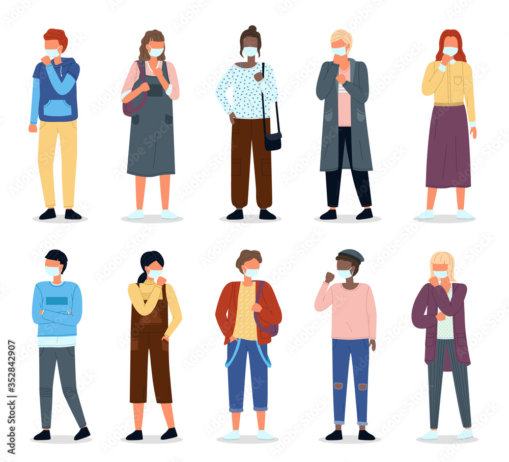 Multinational women and man wearing face medical masks. Viral pandemia. People in protective masks at white. Vector cartoon characters. Coronavirus 2019-ncov flu. Respiratory protection virus pandemia Multinational women and man wearing face medical masks. Viral pandemia. People in protective masks at white. Vector cartoon characters. Coronavirus 2019-ncov flu. Respiratory protection virus pandemia
