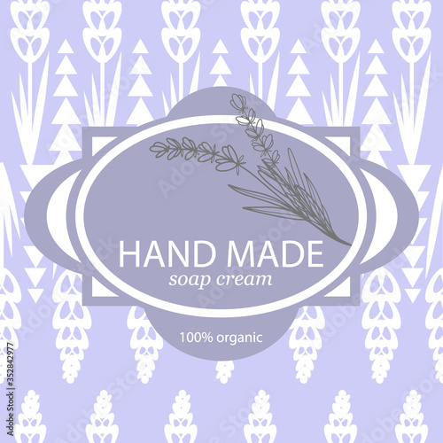 Natural and hand made home cosmetic concept. Pattern, label and logo design template for organic soap packaging. Ornamenatal seamless background with simple decorative and hand drwan elements.Lavender