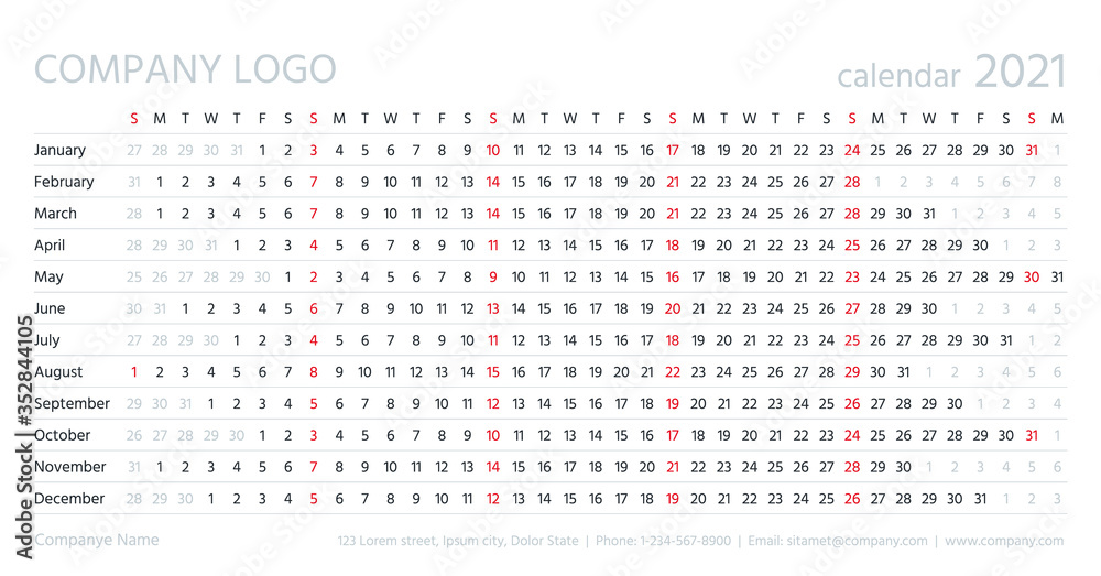 Linear calendar, 2021 year. Vector. Template grid planner. Yearly calender. Annual schedule with months. Week starts Sunday. Simple style. Landscape horizontal orientation, english. Long illustration. Linear calendar, 2021 year. Vector. Template grid planner. Yearly calender. Annual schedule with months. Week starts Sunday. Simple style. Landscape horizontal orientation, english. Long illustration.