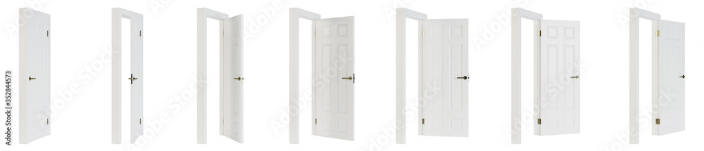 Interroom door isolated on white background. Set of wooden doors at different stages of opening. 3D rendering.