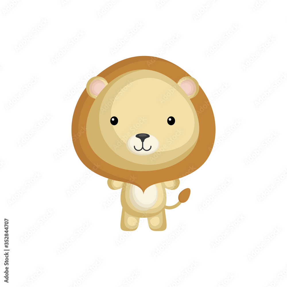 Obraz premium Cute funny baby lion isolated on white background. Wild african adorable animal character for design of album, scrapbook, card and invitation. Flat cartoon colorful vector illustration.