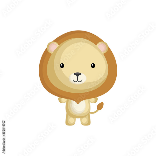 Cute funny baby lion isolated on white background. Wild african adorable animal character for design of album  scrapbook  card and invitation. Flat cartoon colorful vector illustration.