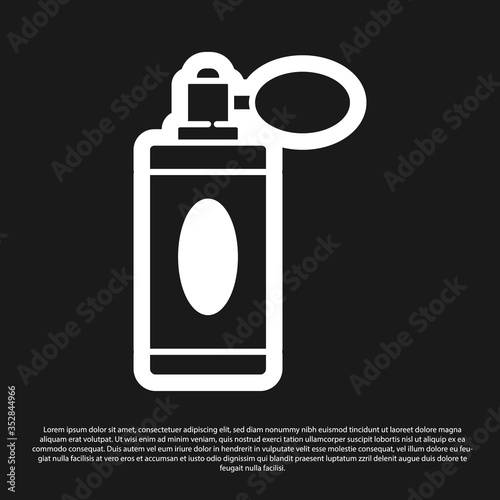 Black Aftershave bottle with atomizer icon isolated on black background. Cologne spray icon. Male perfume bottle. Vector Illustration
